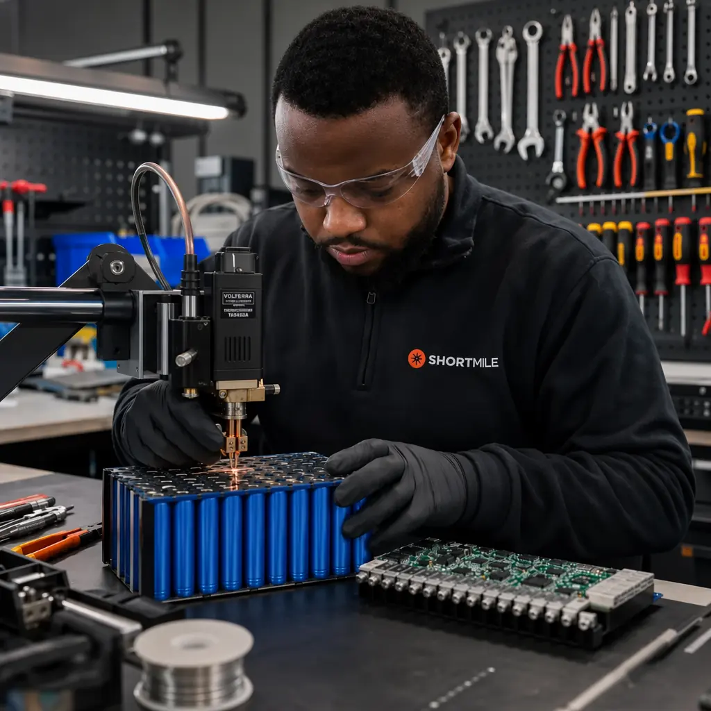Shortmile technician working on an e-bike battery build in a workshop