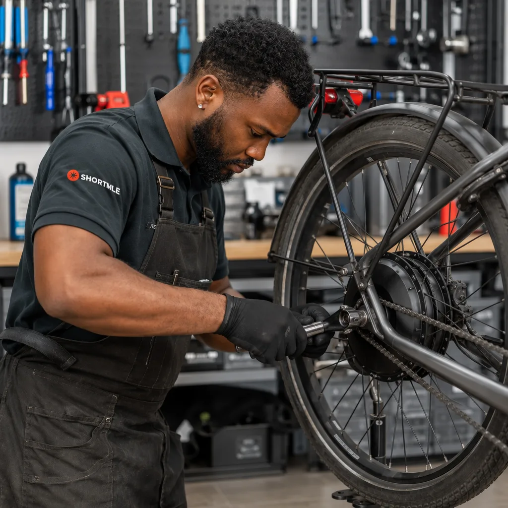 Shortmile technician repairing an e-bike hub motor in a workshop