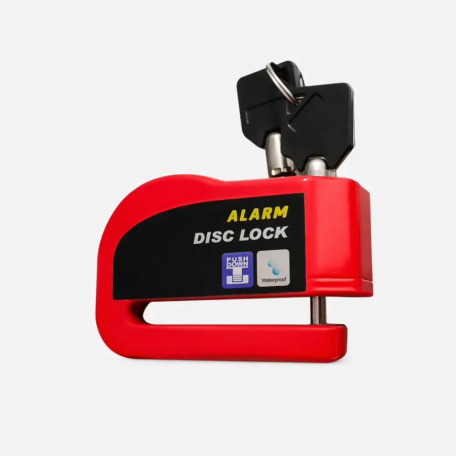 Red waterproof disc brake alarm lock for bicycles, e-bikes, motorcycles and scooters