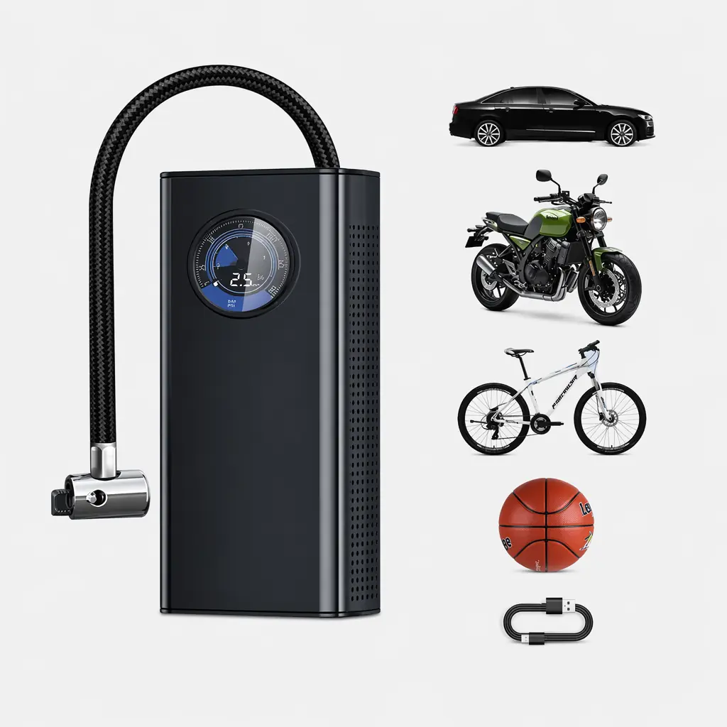 Wireless 150 PSI portable air pump and digital tyre pressure gauge for cars, vehicles and e-bikes